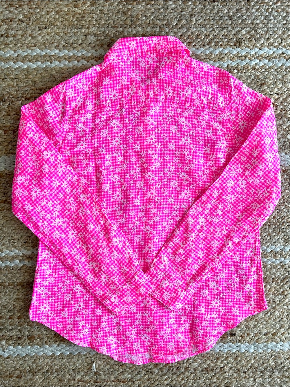 Lilly Pulitzer Sea View Linen Button Down Top Pink Check You Out - Picture 3 of 7